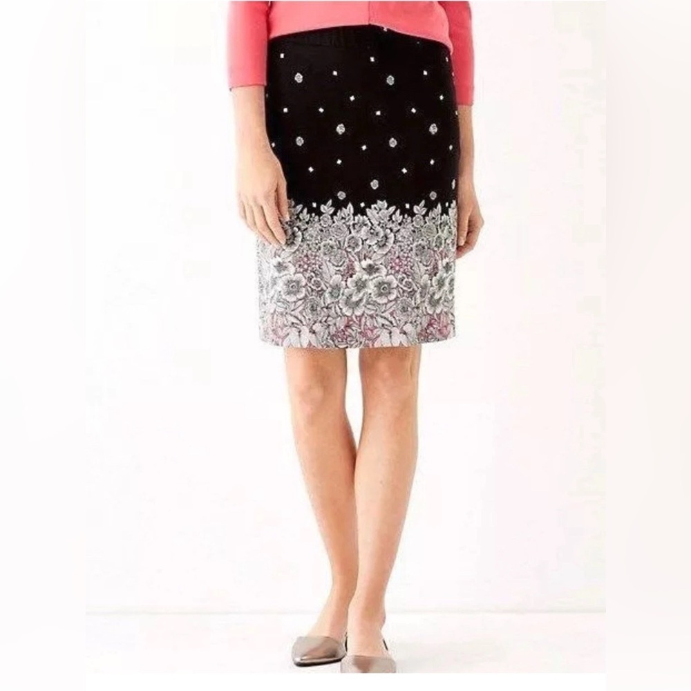 J. Jill Pencil Skirt Size 6 Jersey Stretch Black Mauve Floral Pen and Ink Print